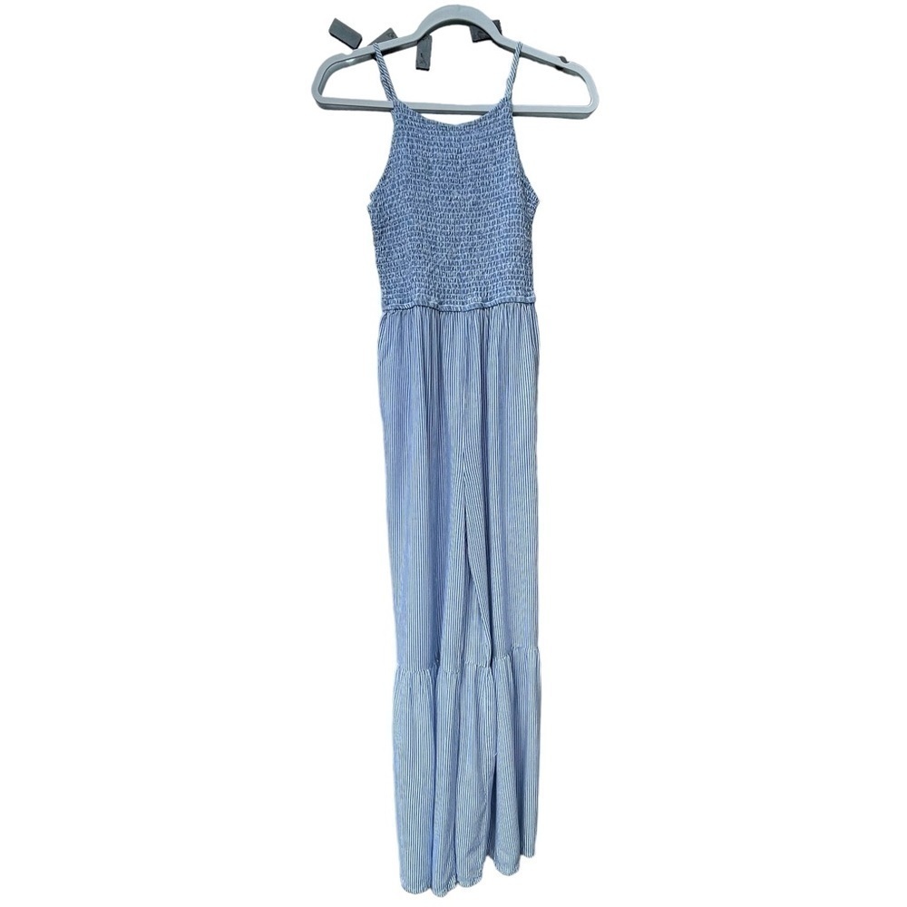 JAPNA WOMENS SMOCKED BODICE JUMPSUIT BLUE WHITE PINSTRIPES FLARE WIDE LEG SZ M